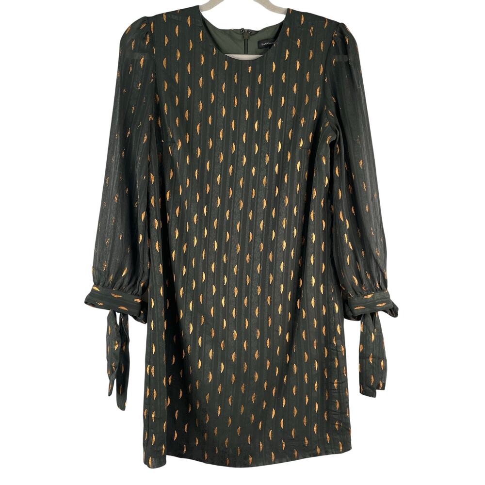 Banana Republic Olive Green Gold lined Short Dress Sheer Sleeves size 2 Evening